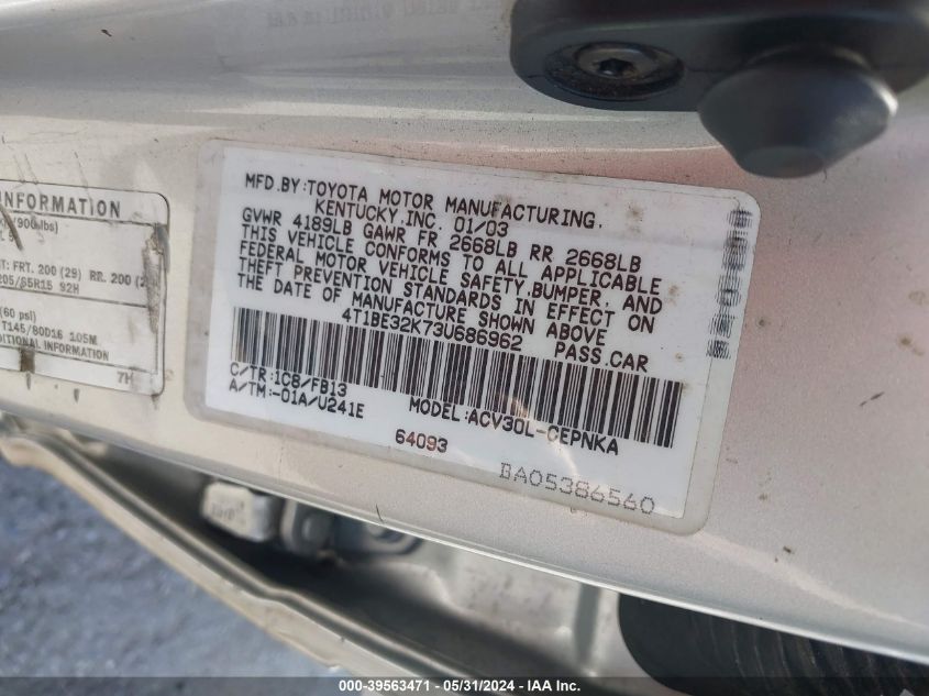 2003 Toyota Camry Le VIN: 4T1BE32K73U686962 Lot: 39563471