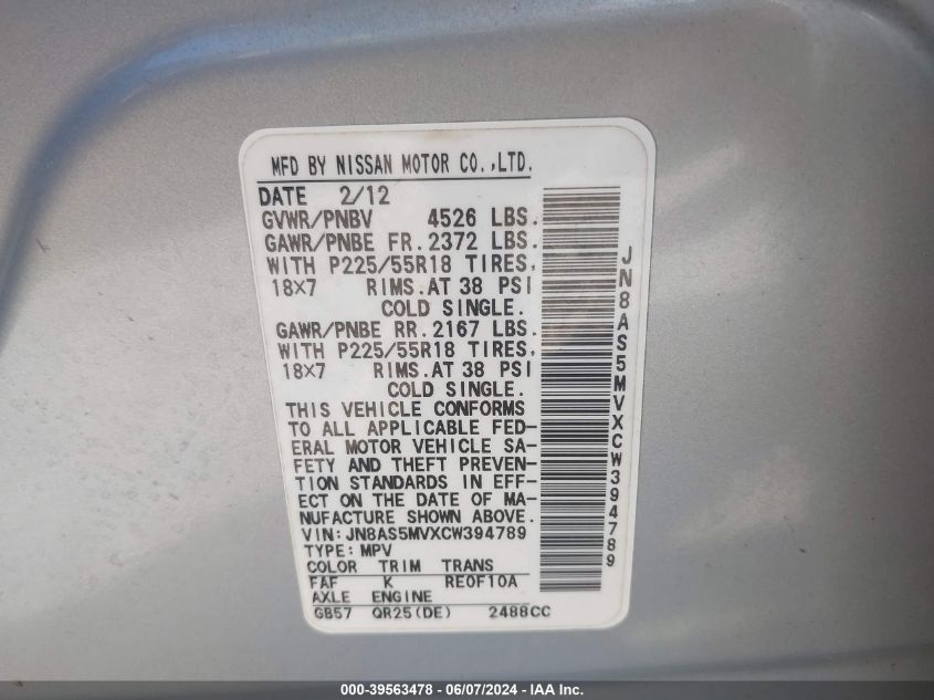 2012 Nissan Rogue Sv W/Sl Pkg VIN: JN8AS5MVXCW394789 Lot: 39563478