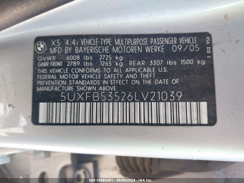 2006 BMW X5 4.4I VIN: 5UXFB53526LV21039 Lot: 39563481