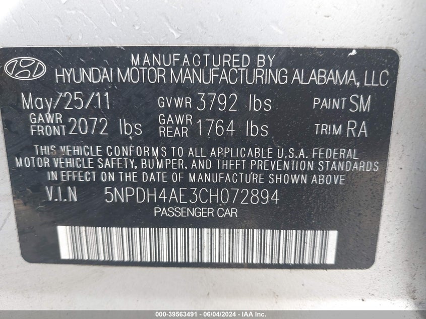 2012 Hyundai Elantra Gls VIN: 5NPDH4AE3CH072894 Lot: 39563491