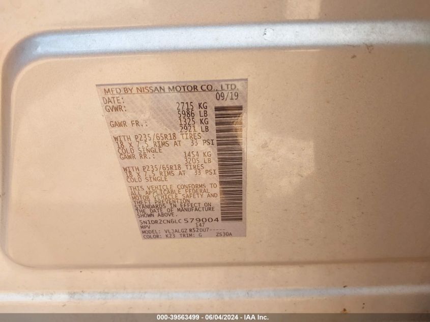 2020 Nissan Pathfinder Sl 2Wd VIN: 5N1DR2CN6LC579004 Lot: 39563499