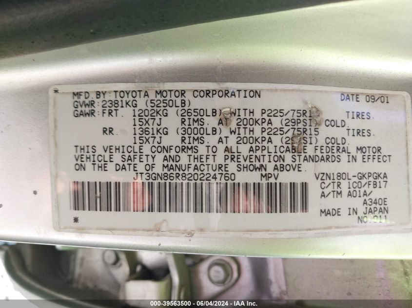 2002 Toyota 4Runner Sr5 V6 VIN: JT3GN86R820224760 Lot: 39563500