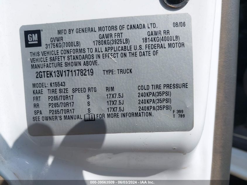 2007 GMC Sierra 1500 Classic Sl VIN: 2GTEK13V171178219 Lot: 39563509
