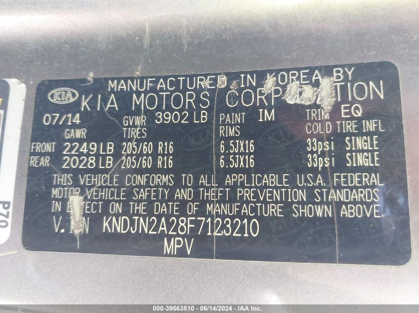 2015 Kia Soul VIN: KNDJN2A28F7123210 Lot: 39563510