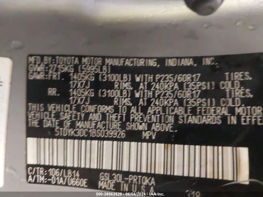 2011 Toyota Sienna Xle V6 VIN: 5TDYK3DC1BS039926 Lot: 39563529