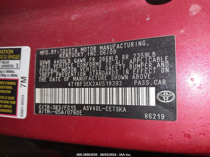 2010 Toyota Camry Se VIN: 4T1BF3EK2AU518393 Lot: 39563530