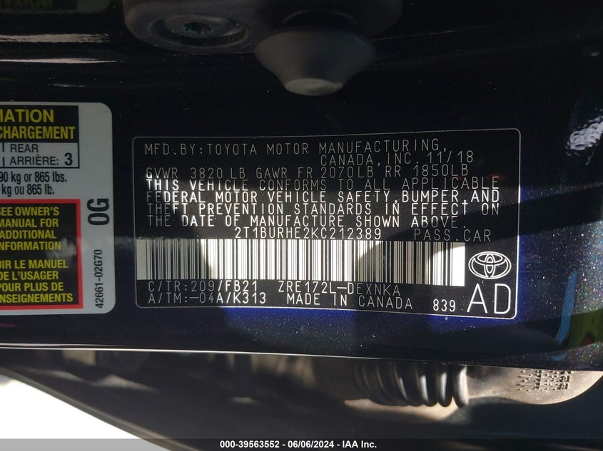 2019 TOYOTA COROLLA LE - 2T1BURHE2KC212389