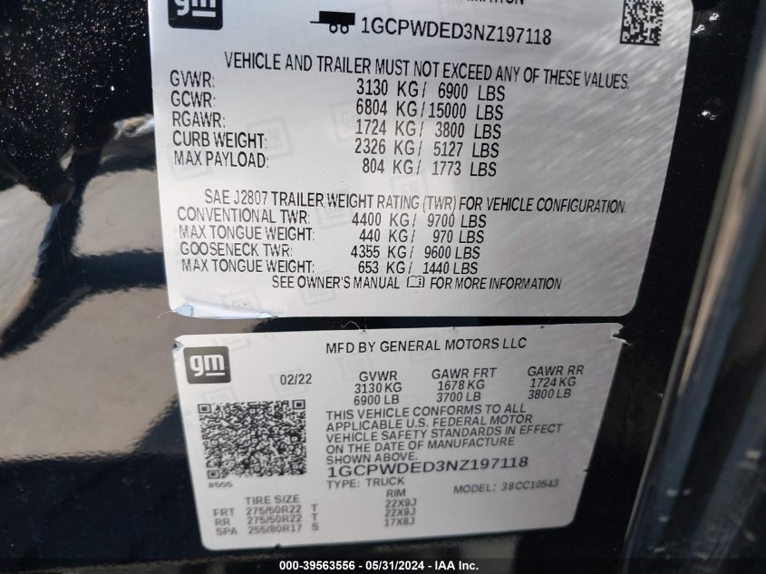 2022 Chevrolet Silverado 1500 Ltd 2Wd Short Bed Rst VIN: 1GCPWDED3NZ197118 Lot: 39563556