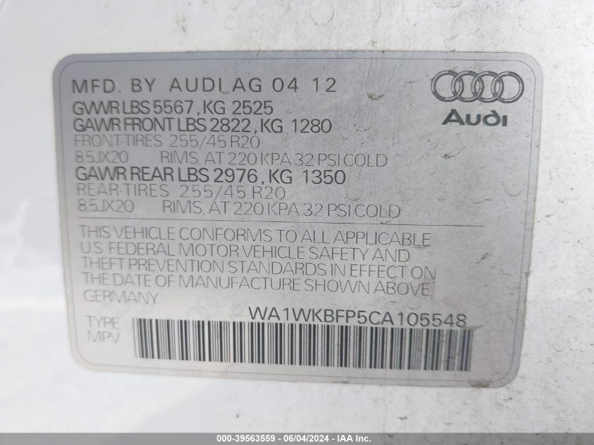2012 Audi Q5 3.2 Premium VIN: WA1WKBFP5CA105548 Lot: 39563559