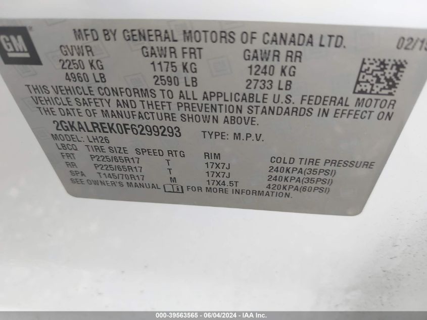 2015 GMC Terrain Sle-2 VIN: 2GKALREK0F6299293 Lot: 39563565