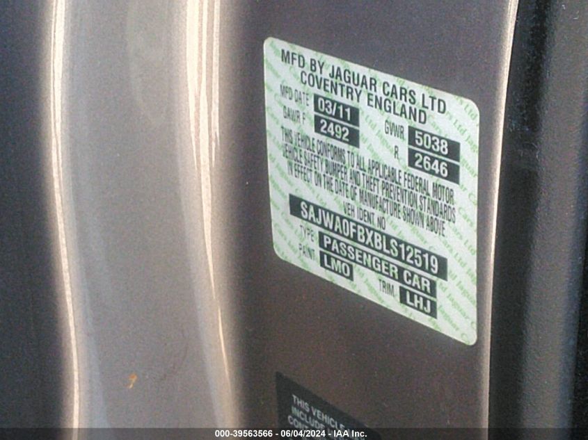 2011 Jaguar Xf VIN: SAJWA0FBXBLS12519 Lot: 39563566