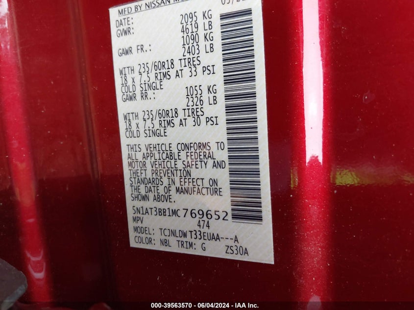 VIN 5N1AT3BB1MC769652 2021 NISSAN ROGUE SV