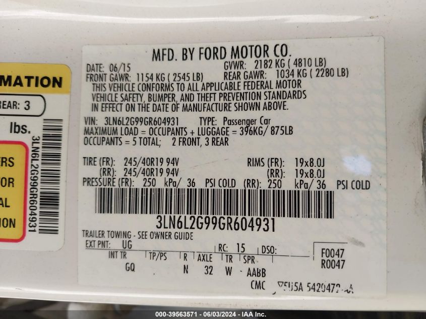 2016 Lincoln Mkz VIN: 3LN6L2G99GR604931 Lot: 39563571