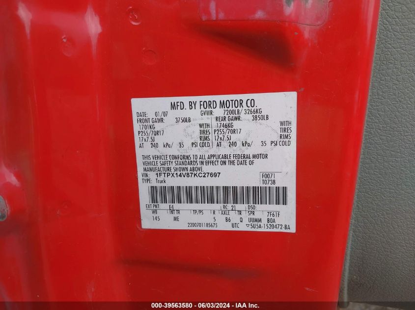 2007 Ford F-150 Fx4/Lariat/Xl/Xlt VIN: 1FTPX14V87KC27697 Lot: 39563580