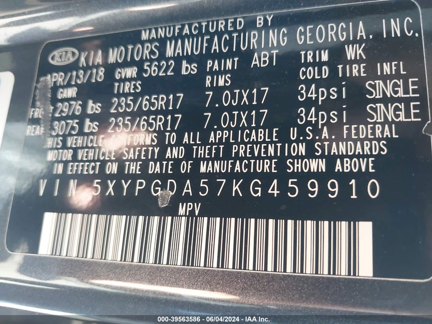 2019 Kia Sorento 3.3L Lx VIN: 5XYPGDA57KG459910 Lot: 39563586