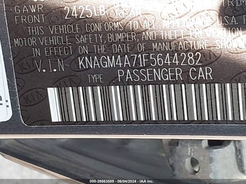2015 Kia Optima Lx VIN: KNAGM4A71F5644282 Lot: 39563589