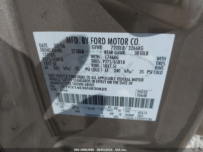 2006 Ford F-150 Fx4/Lariat/Xl/Xlt VIN: 1FTPX14536NB30825 Lot: 39563590