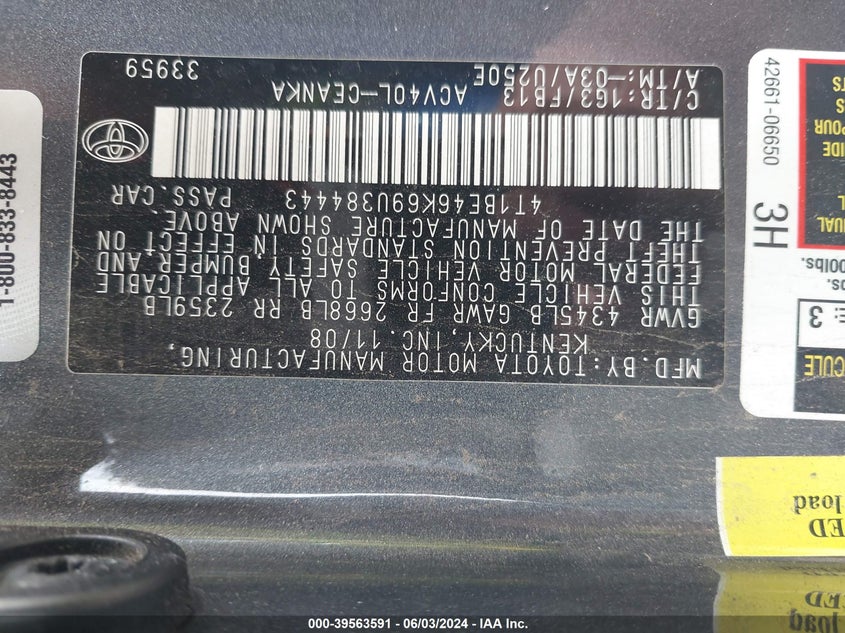 2009 Toyota Camry Le VIN: 4T1BE46K69U384443 Lot: 39563591