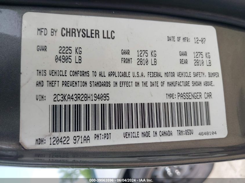 2008 Chrysler 300 Lx VIN: 2C3KA43R28H194095 Lot: 39563596