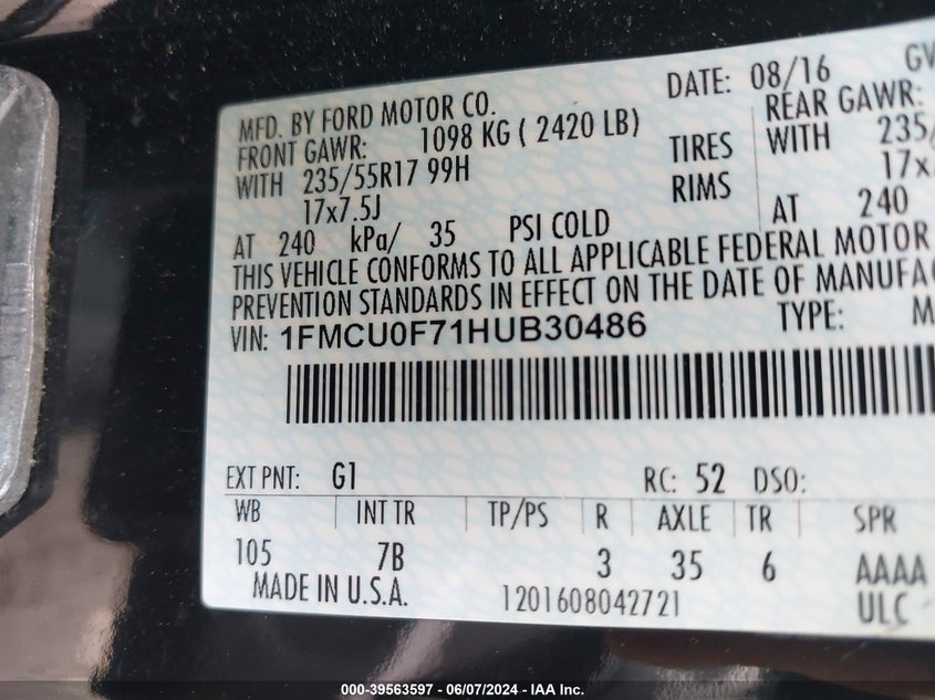 2017 Ford Escape S VIN: 1FMCU0F71HUB30486 Lot: 39563597