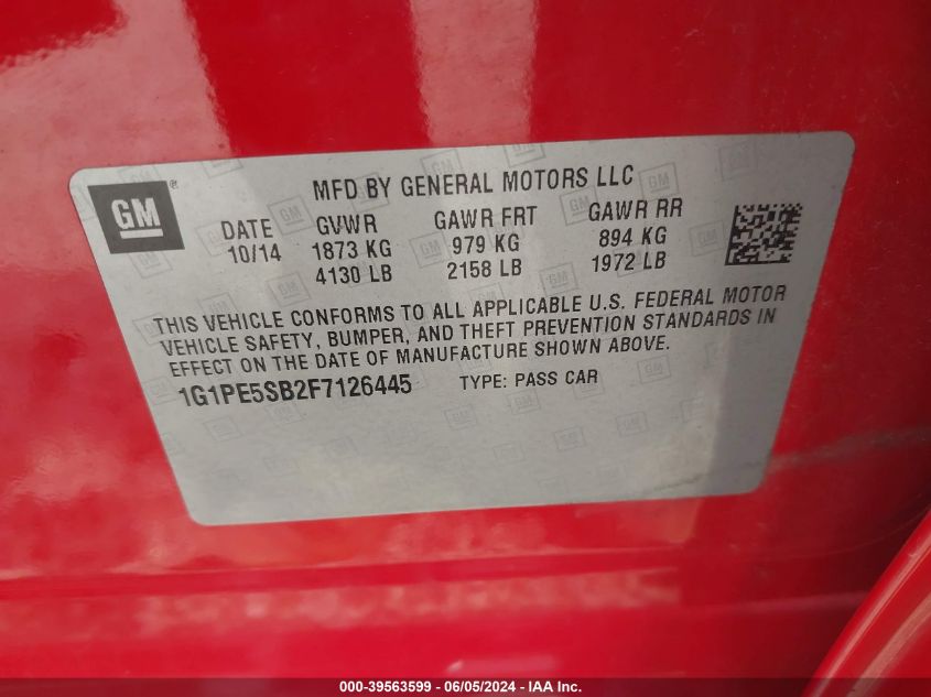 2015 Chevrolet Cruze 2Lt Auto VIN: 1G1PE5SB2F7126445 Lot: 39563599