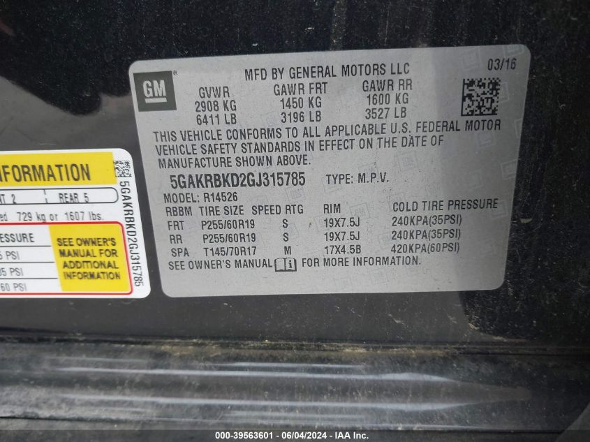 2016 Buick Enclave Leather VIN: 5GAKRBKD2GJ315785 Lot: 39563601