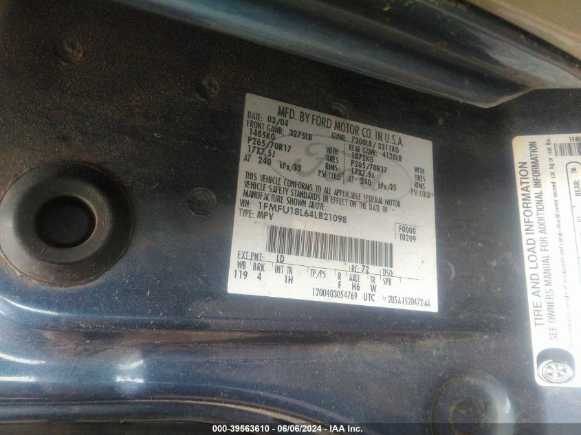 2004 Ford Expedition Eddie Bauer VIN: 1FMFU18L64LB21098 Lot: 39563610