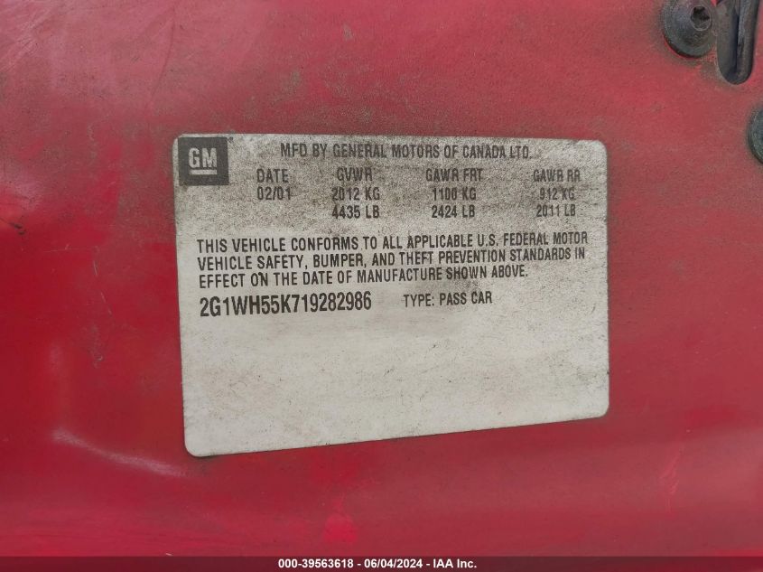 2001 Chevrolet Impala Ls VIN: 2G1WH55K719282986 Lot: 39563618