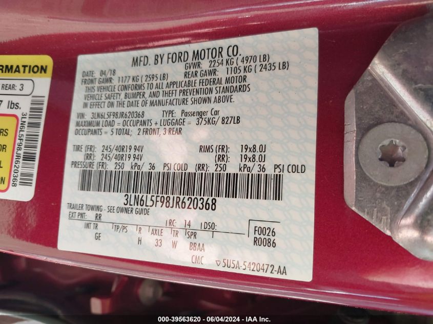 2018 Lincoln Mkz Reserve VIN: 3LN6L5F98JR620368 Lot: 39563620