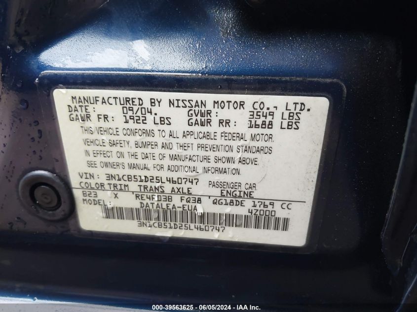 2005 Nissan Sentra 1.8S VIN: 3N1CB51D25L460747 Lot: 39563625