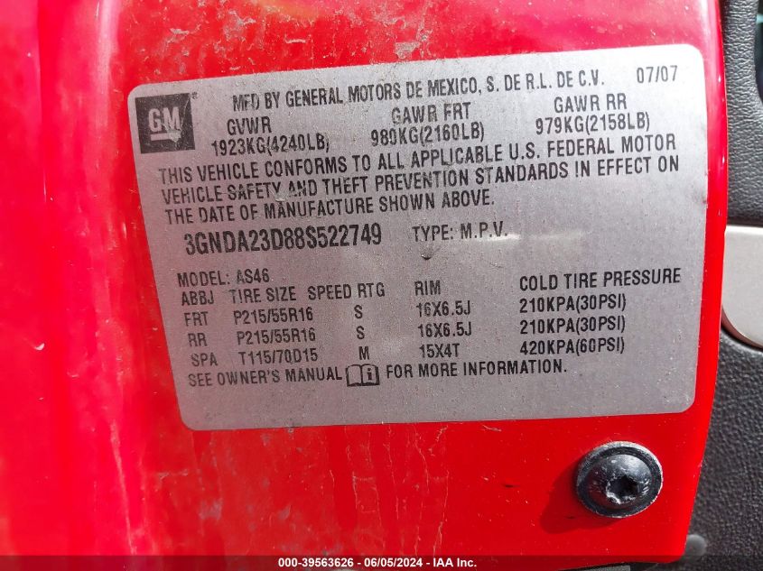 2008 Chevrolet Hhr Lt VIN: 3GNDA23D88S522749 Lot: 39563626