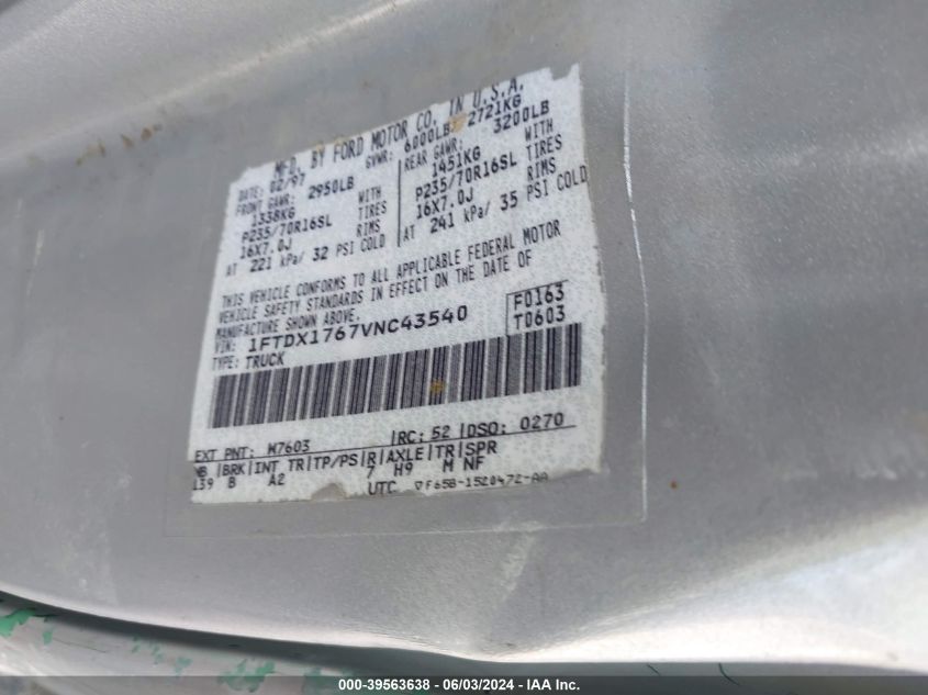 1997 Ford F-150 Lariat/Standard/Xl/Xlt VIN: 1FTDX1767VNC43540 Lot: 39563638