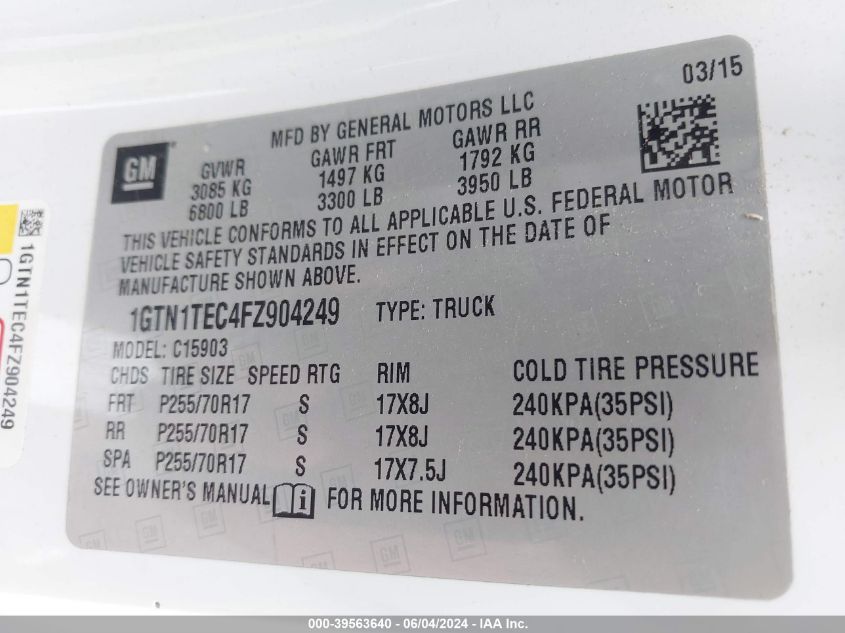 2015 GMC Sierra 1500 VIN: 1GTN1TEC4FZ904249 Lot: 39563640