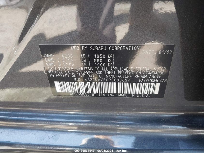 2023 Subaru Impreza Premium VIN: 4S3GKAV66P3603894 Lot: 39563649