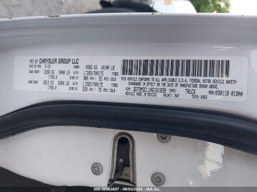 2010 Dodge Ram 3500 Slt VIN: 3D73M3CL1AG161839 Lot: 39563657