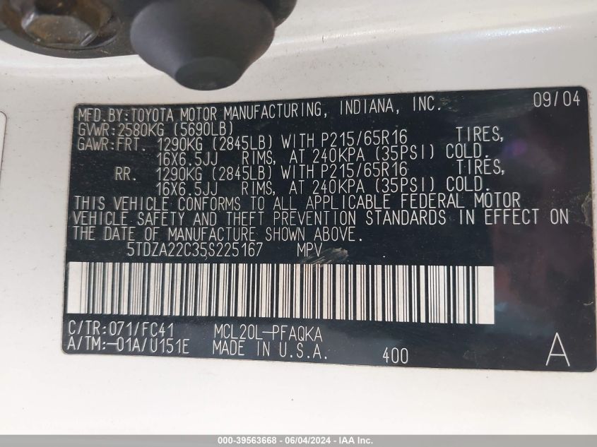 2005 Toyota Sienna Xle VIN: 5TDZA22C35S225167 Lot: 39563668