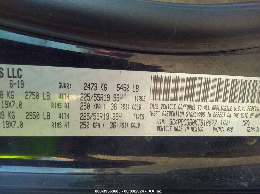 2019 Dodge Journey Crossroad VIN: 3C4PDCGG0KT810077 Lot: 39563683