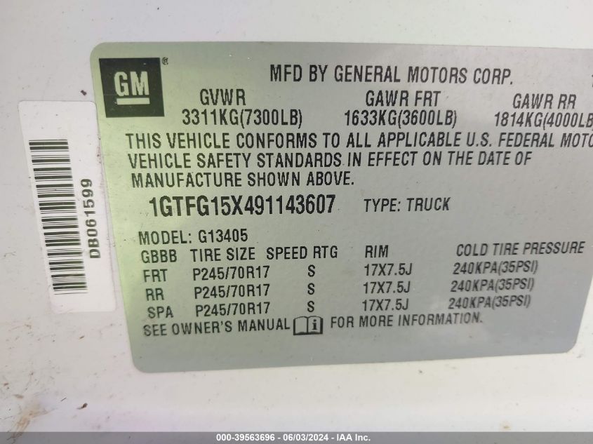 2009 GMC Savana 1500 Work Van VIN: 1GTFG15X491143607 Lot: 39563696