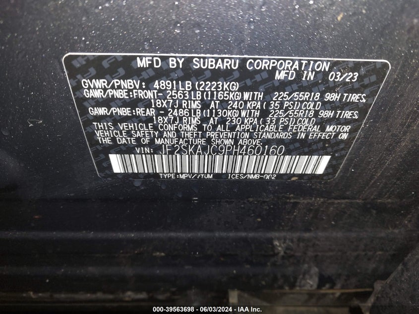 2023 Subaru Forester Sport VIN: JF2SKAJC9PH460160 Lot: 39563698