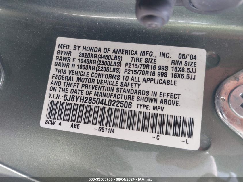 2004 Honda Element Ex VIN: 5J6YH28504L022506 Lot: 39563706