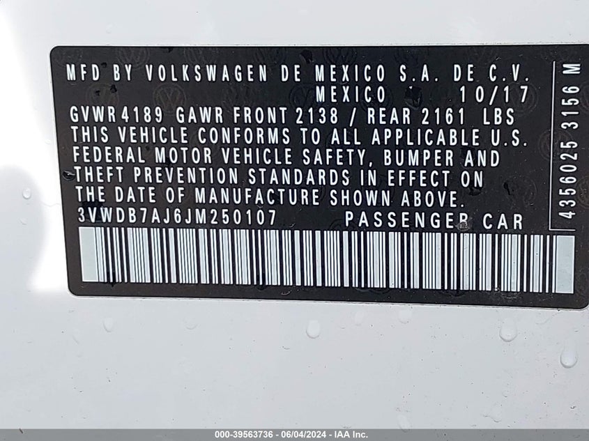 2018 Volkswagen Jetta 1.4T Se/1.4T Wolfsburg Edition VIN: 3VWDB7AJ6JM250107 Lot: 39563736