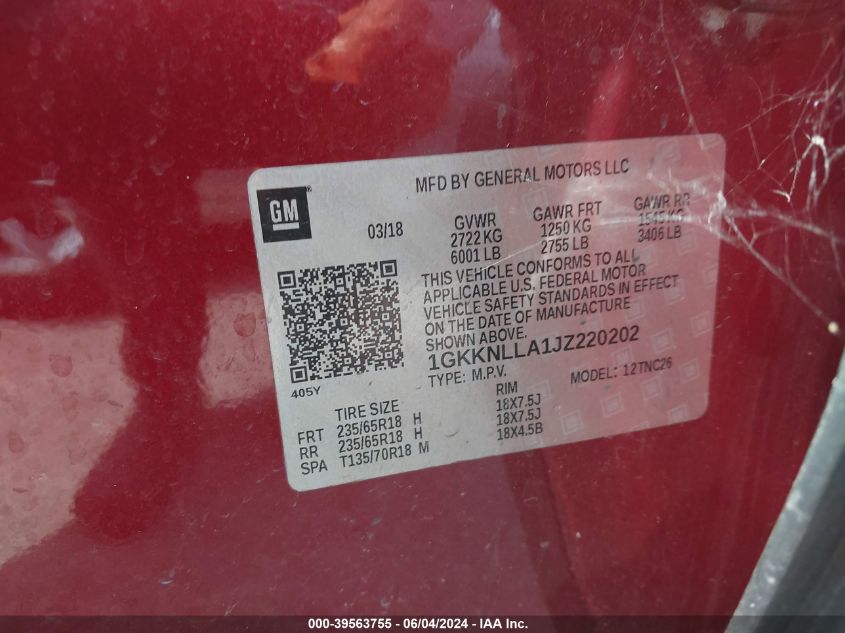 2018 GMC Acadia Sle-2 VIN: 1GKKNLLA1JZ220202 Lot: 39563755