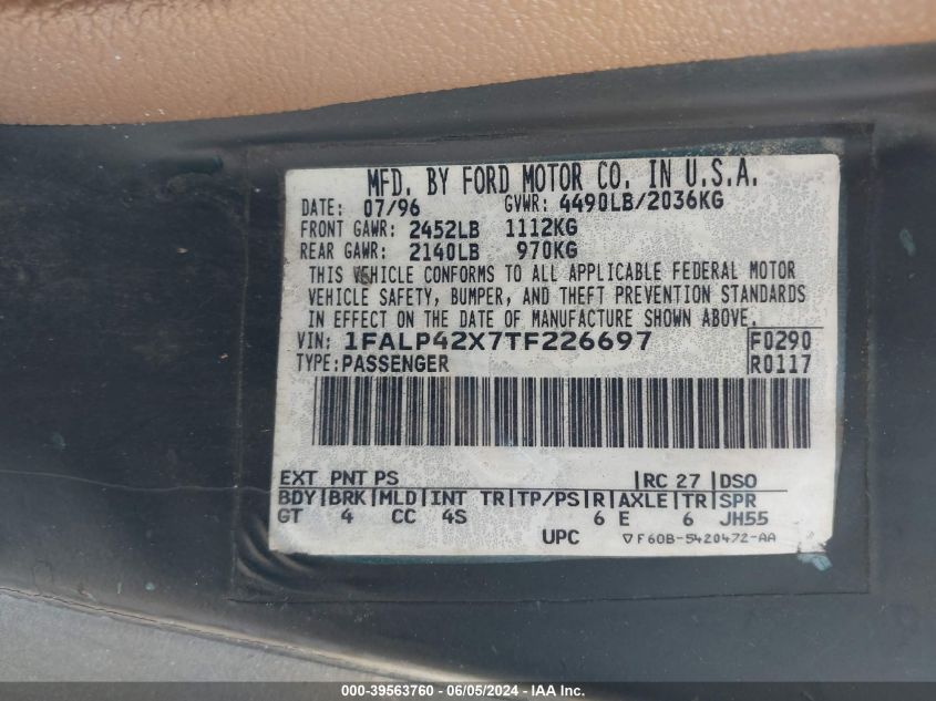 1996 Ford Mustang Gt VIN: 1FALP42X7TF226697 Lot: 39563760