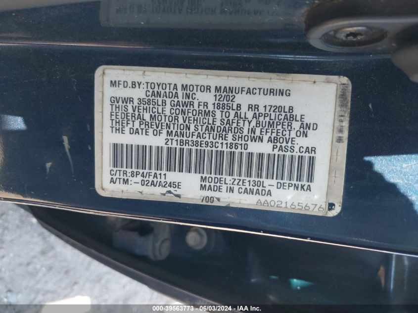 2003 Toyota Corolla Ce/Le/S VIN: 2T1BR38E93C118610 Lot: 39563773