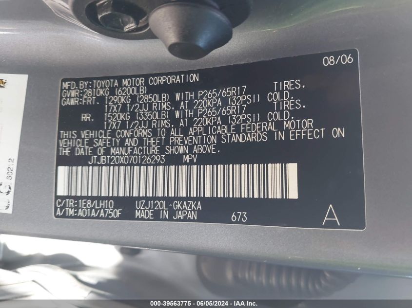 2007 Lexus Gx 470 VIN: JTJBT20X070126293 Lot: 39563775