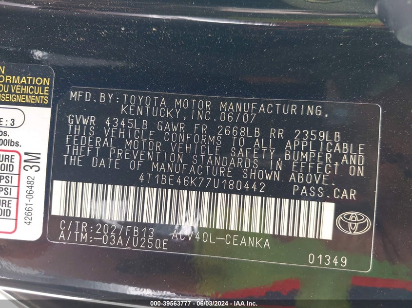 2007 Toyota Camry Ce VIN: 4T1BE46K77U180442 Lot: 39563777