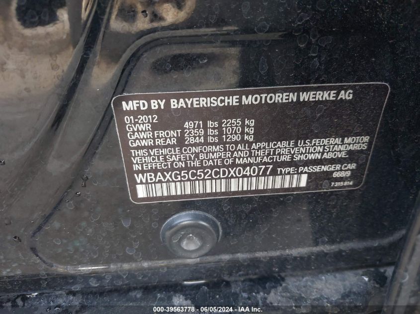 2012 BMW 528I VIN: WBAXG5C52CDX04077 Lot: 39563778