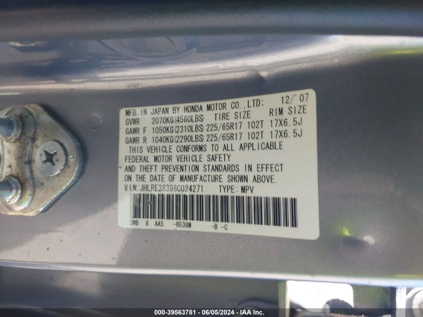 2008 Honda Cr-V Lx VIN: JHLRE38398C024271 Lot: 39563781