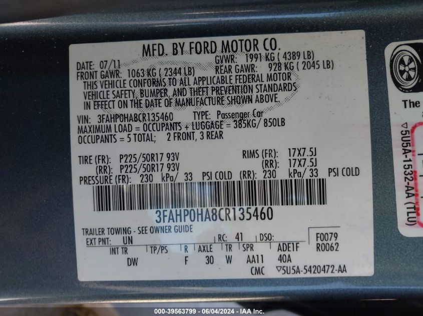 2012 Ford Fusion Se VIN: 3FAHP0HA8CR135460 Lot: 39563799