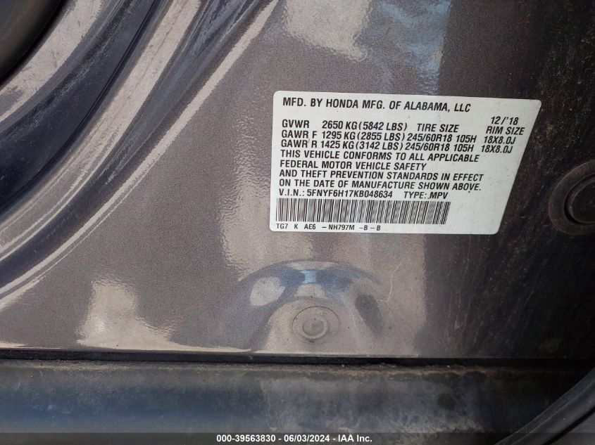 5FNYF6H17KB048634 2019 Honda Pilot Lx